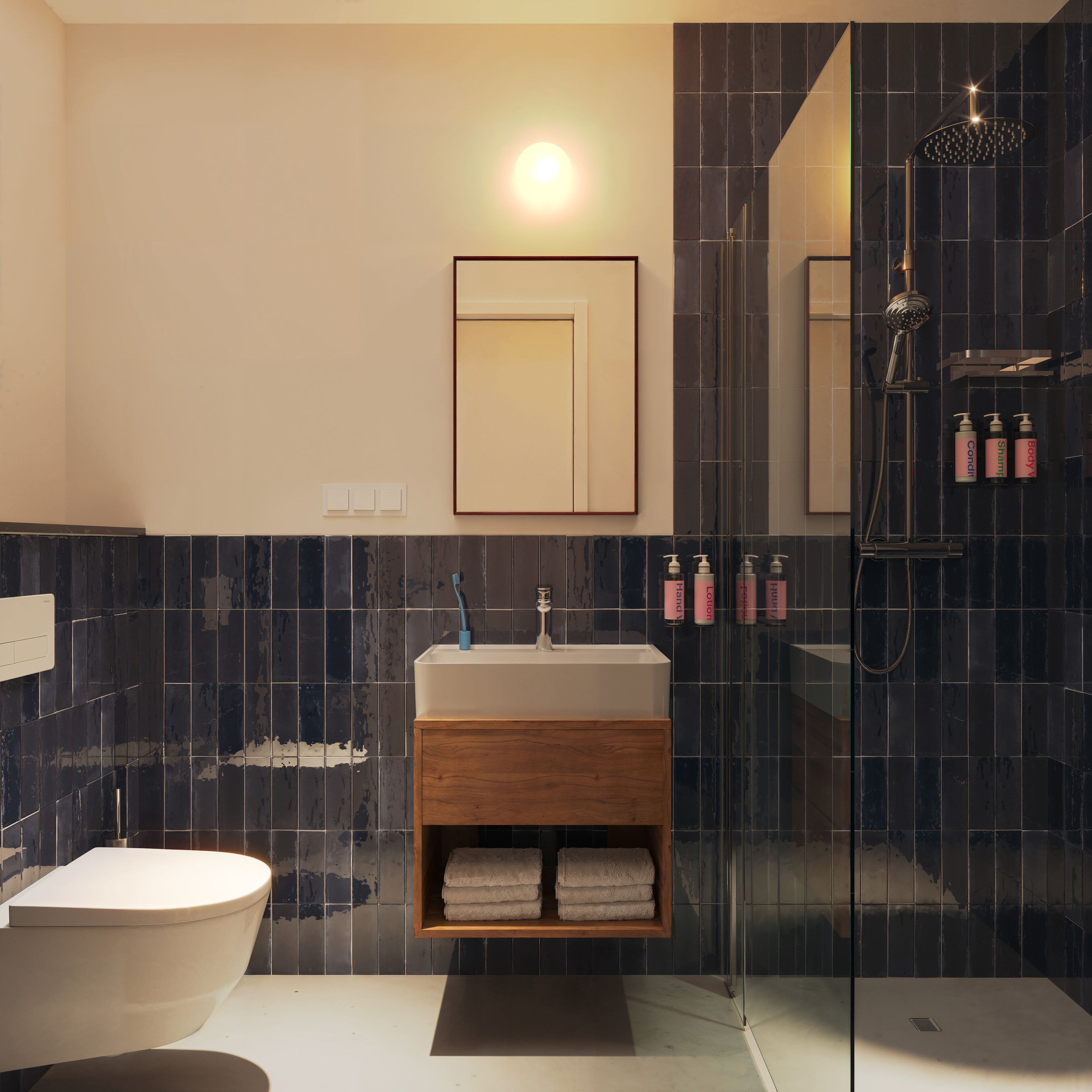 Shower, free toiletries, hair dryer, towels