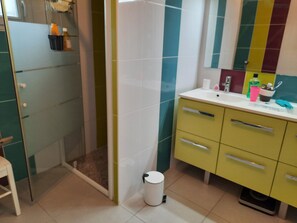 Regadera, secadora de cabello, bidet, toallas 