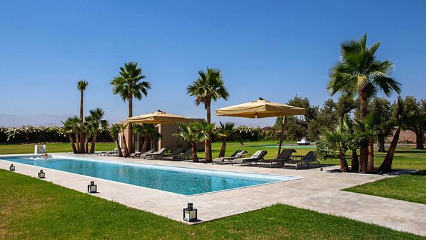 Zona de piscina amb gandules i ombrel·les, envoltada de palmeres i un cel serè.
