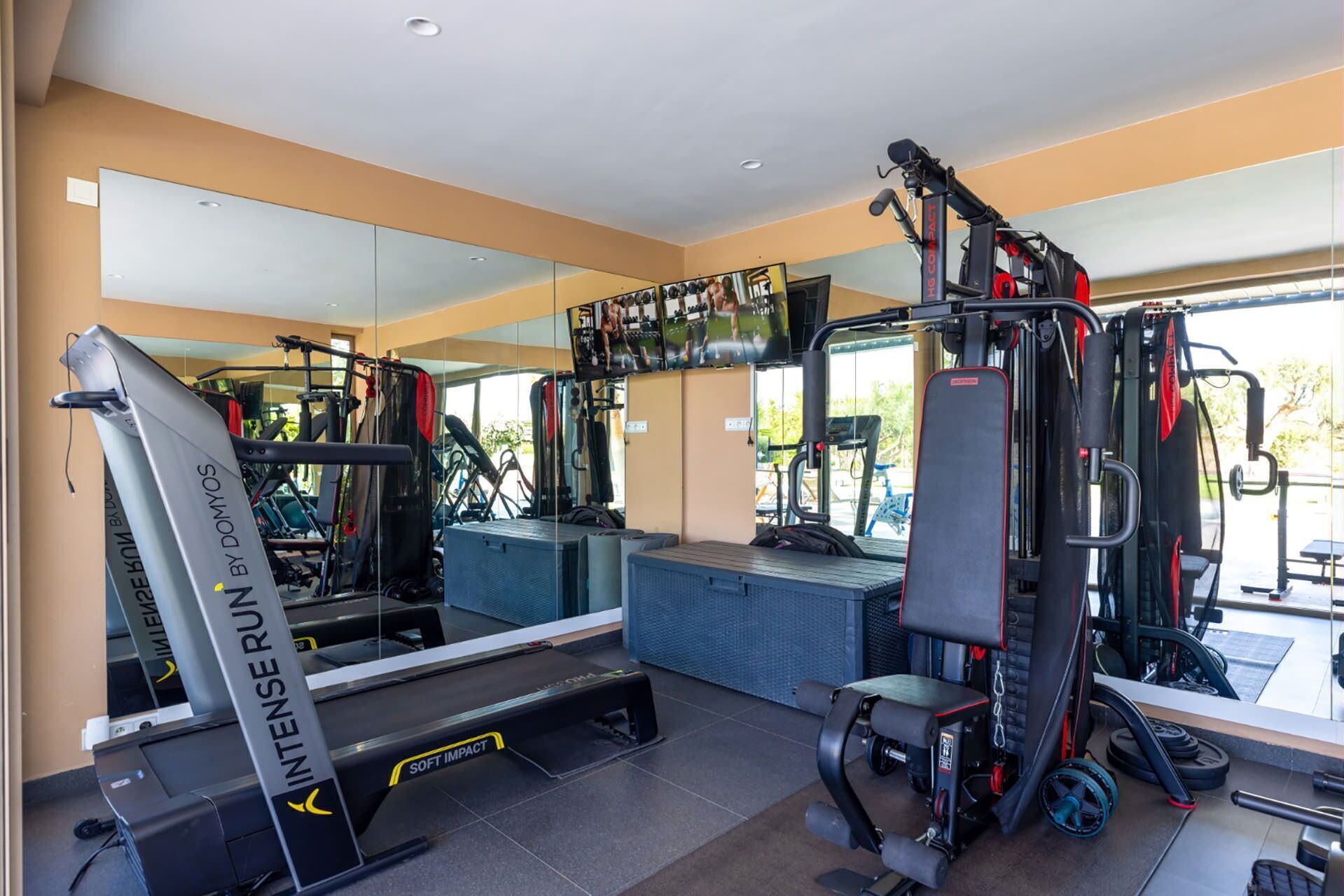 A modern gym with cardio equipment, weight machines, and a mirrored wall.
