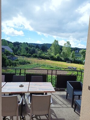 An outdoor patio with tables and chairs, overlooking a vineyard and a hilly landscape. - LE GITE DES DEUX LACS MORVAN NEAR LAC DES SETTONS 9PERS (Planchez)