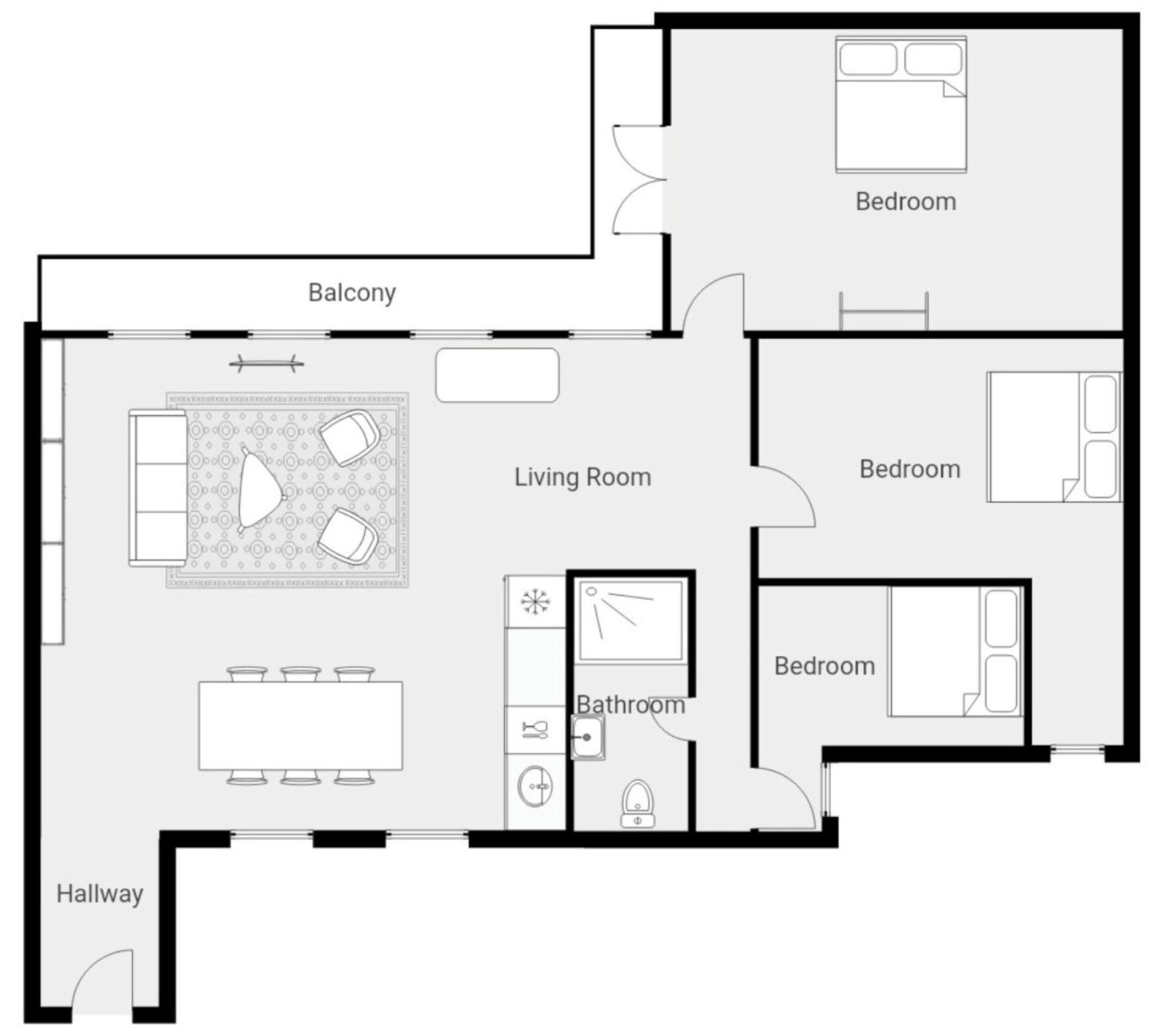 A floor plan with a balcony, living room, three bedrooms, a bathroom, and a hallway.