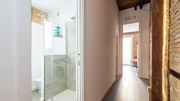 Ducha, secador de pelo, toallas, jabón