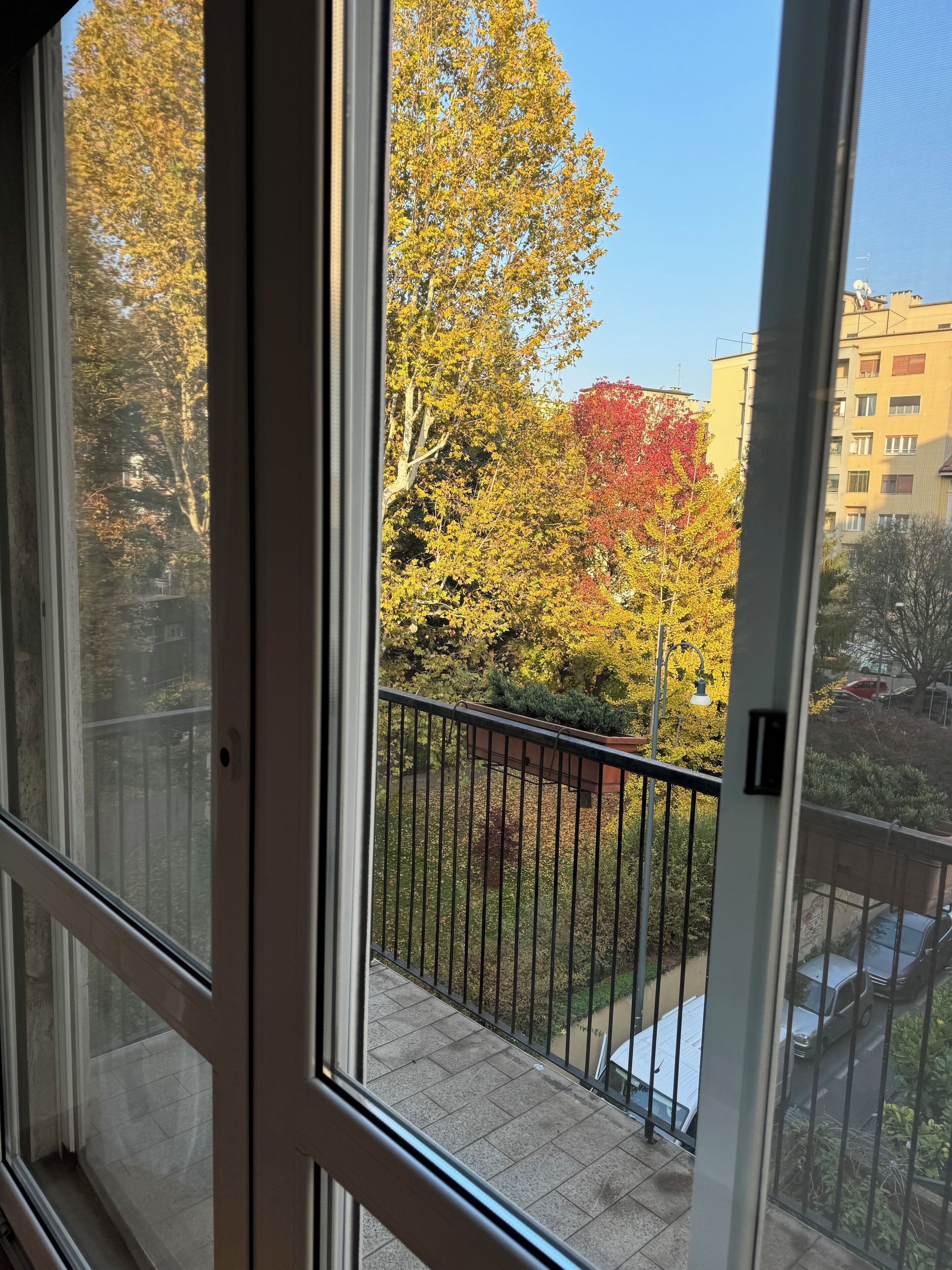 Ein Balkon mit Blick auf Herbstbäume und ein Gebäude im Hintergrund.