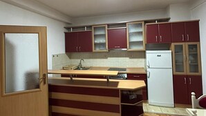 Une cuisine de taille réduite avec un îlot central, des meubles en bois et un réfrigérateur.