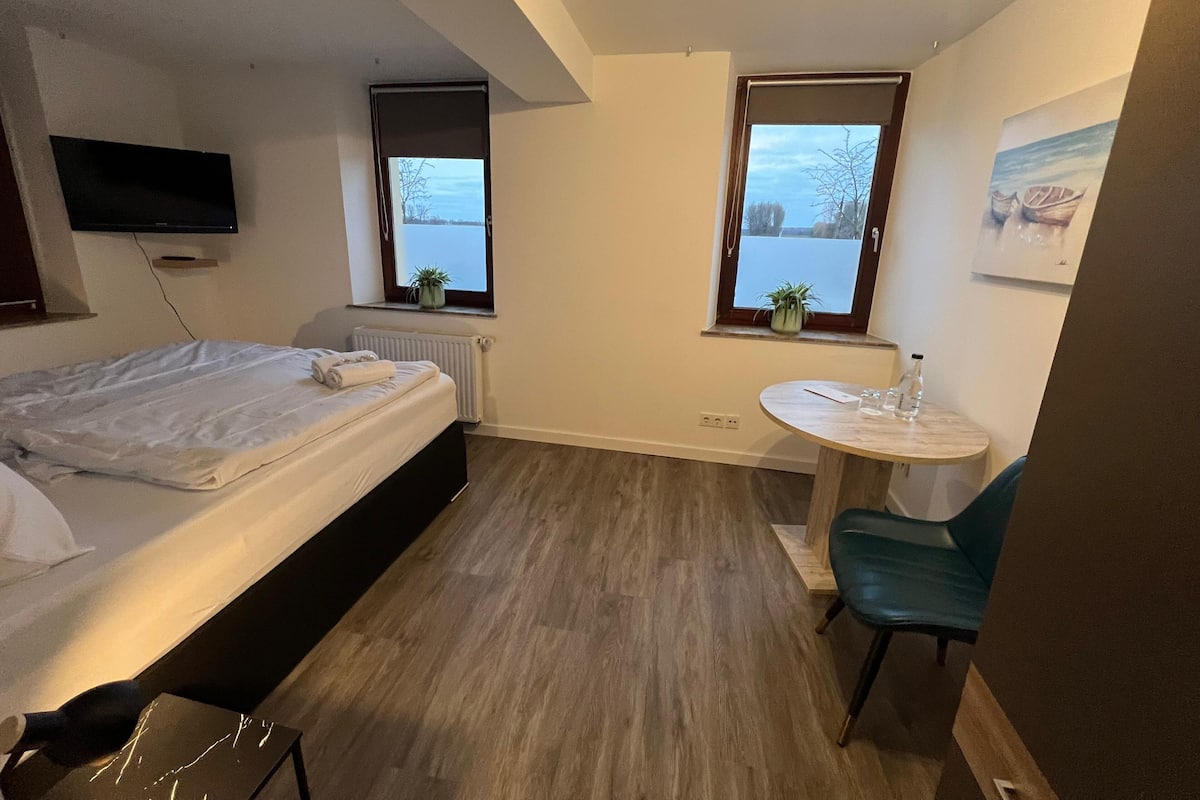Une chambre à coucher avec un lit, une petite table et une chaise, un radiateur et deux fenêtres.