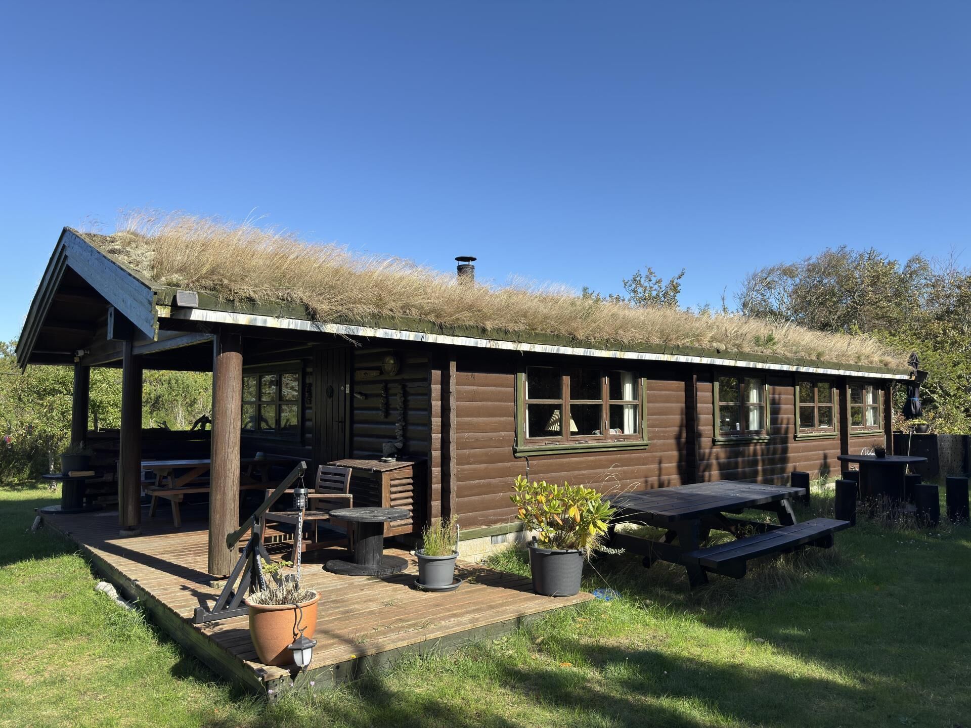 Une cabane rustique avec un toit de chaume, un revêtement extérieur en bois et une terrasse aménagée avec des meubles d’extérieur et des plantes en pot.