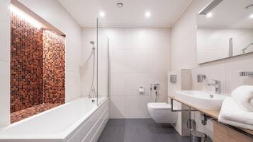 Hair dryer, towels, soap, toilet paper