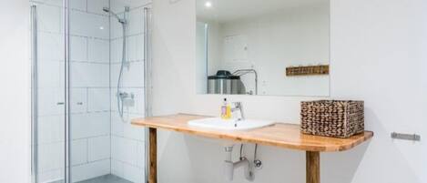 Une salle de bain moderne avec une douche à parois de verre, un meuble-lavabo en bois et un miroir au-dessus.