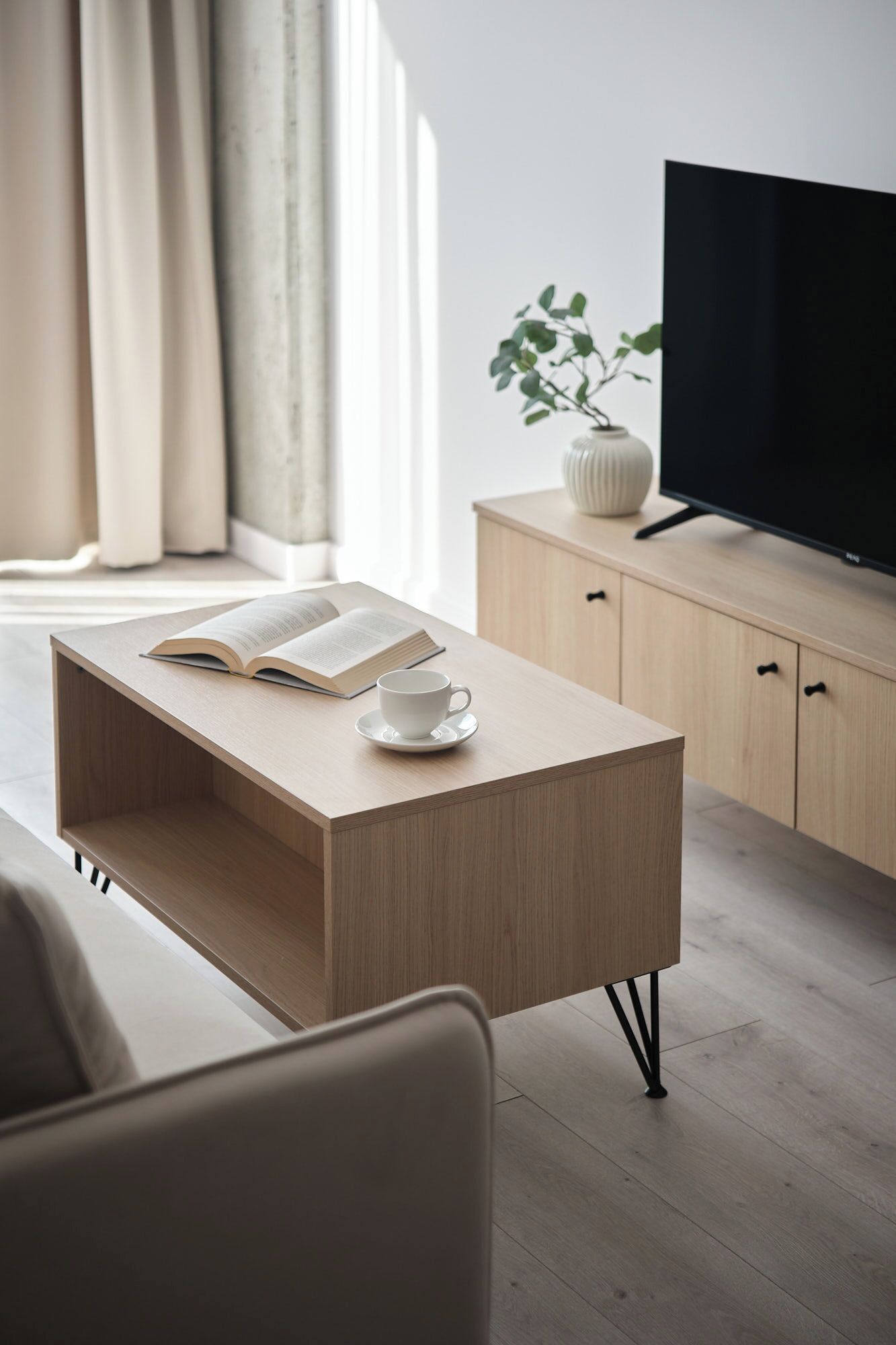 Una camera moderna con una scrivania in legno, una televisione e una pianta.