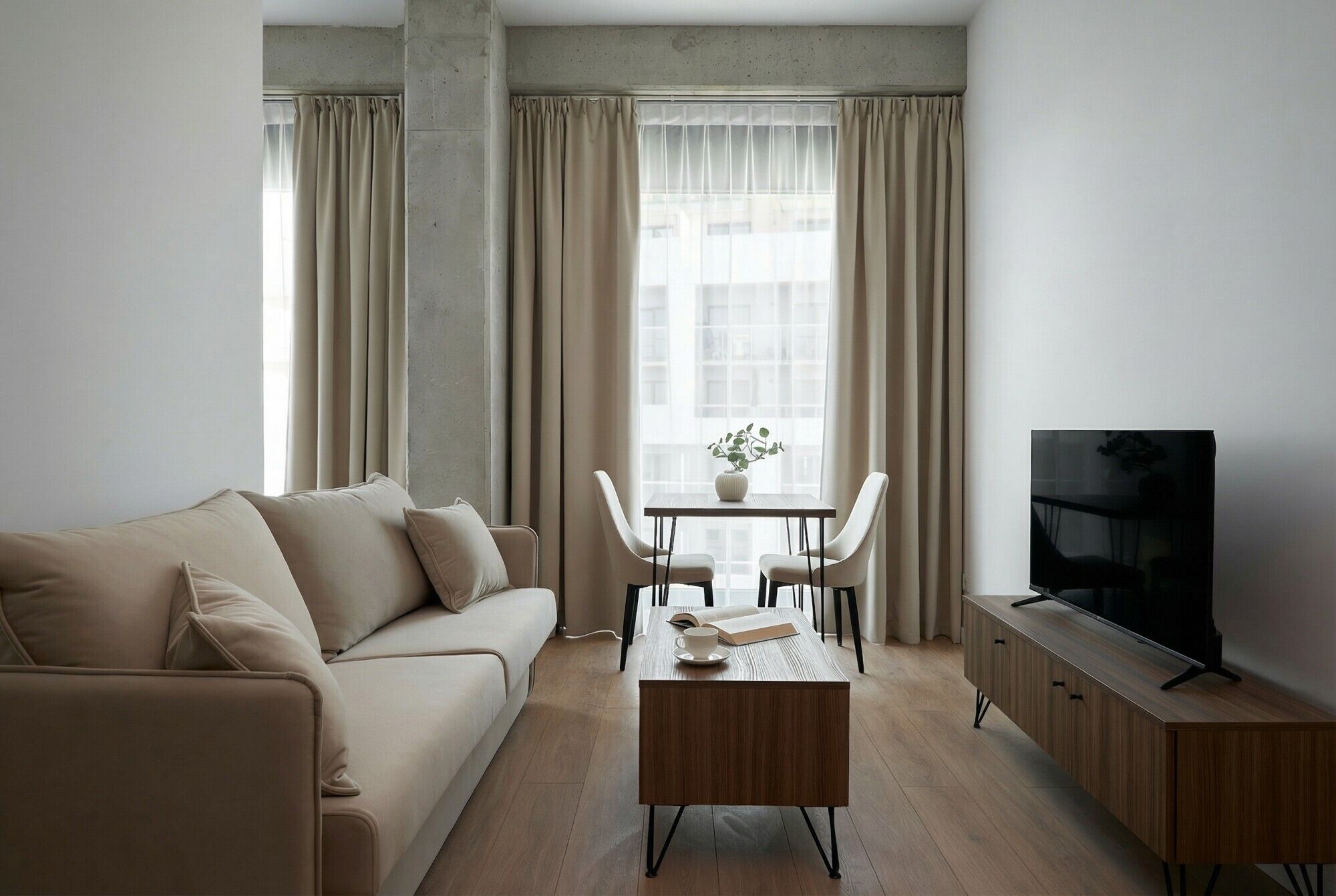 Ein Wohnzimmer mit Sofa, Couchtisch, Fernsehtisch und einem Essbereich mit Tisch und Stühlen.