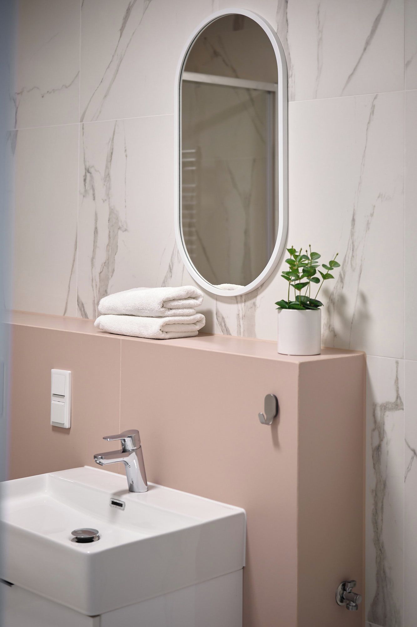 Une salle de bain avec un lavabo blanc, un miroir et une plante en pot.