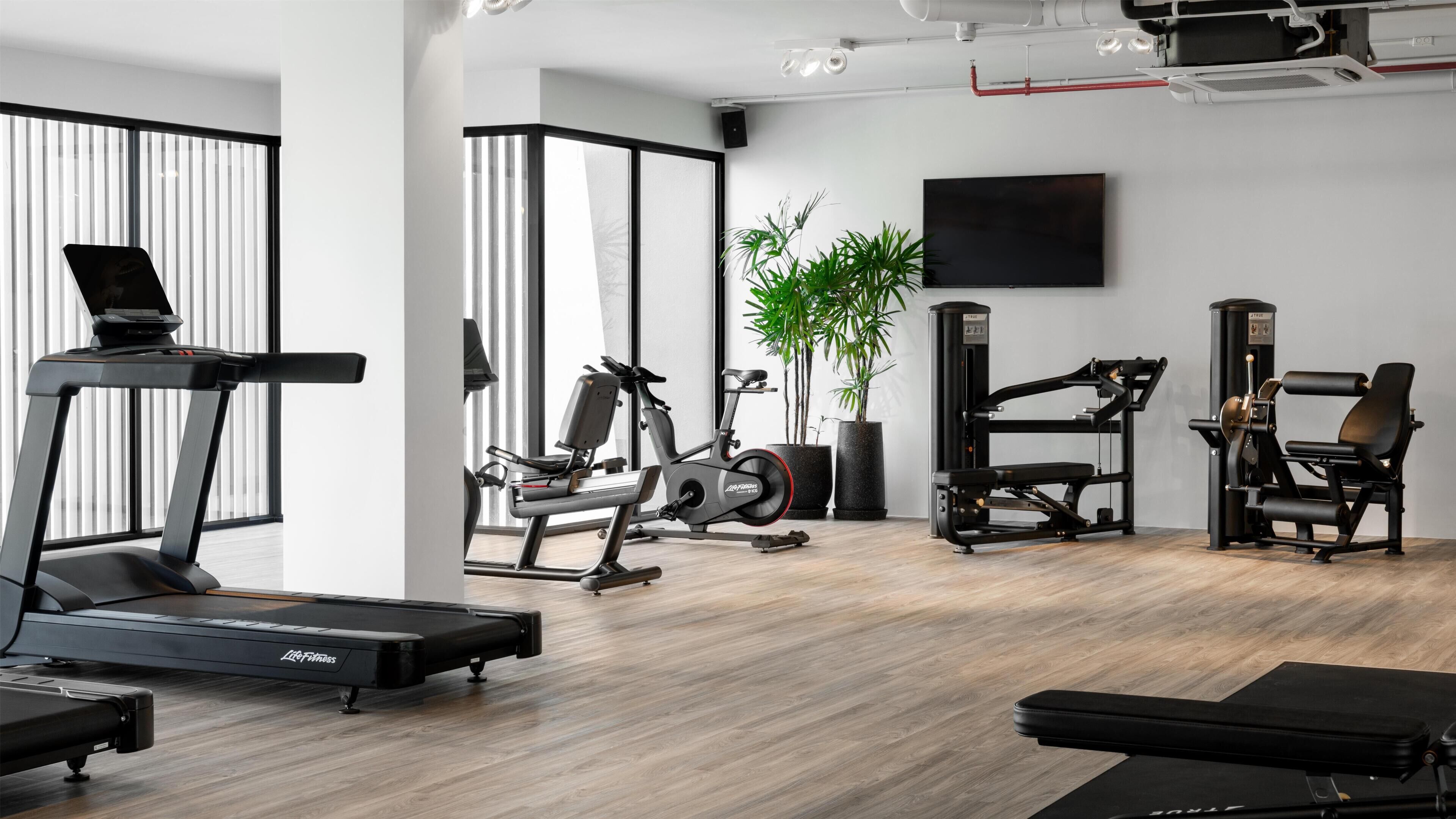 A modern gym with a treadmill, stationary bike, and weight machines.