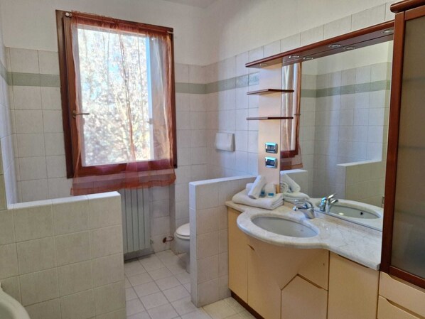 Une salle de bain avec une fenêtre, des toilettes, un lavabo et un miroir.