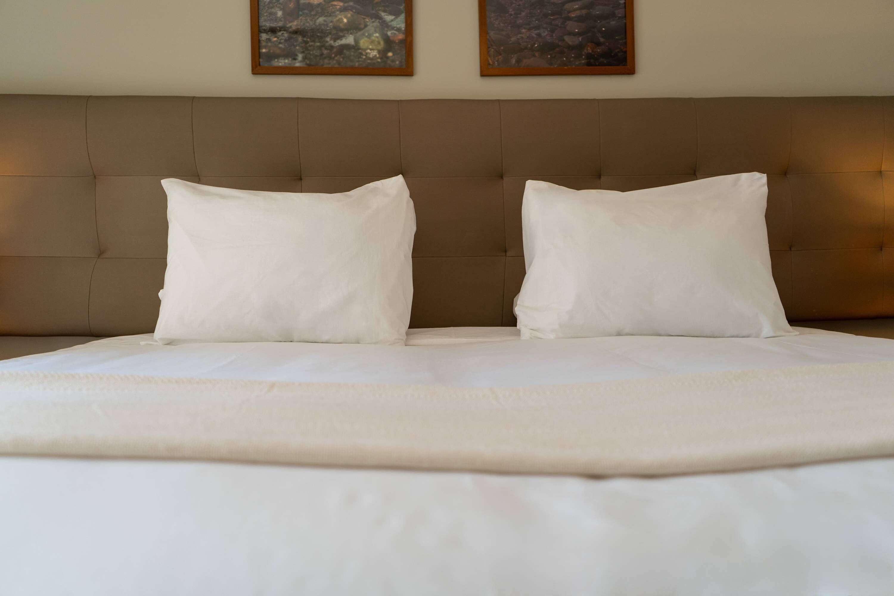 A neatly made bed with a tufted headboard and two pillows.