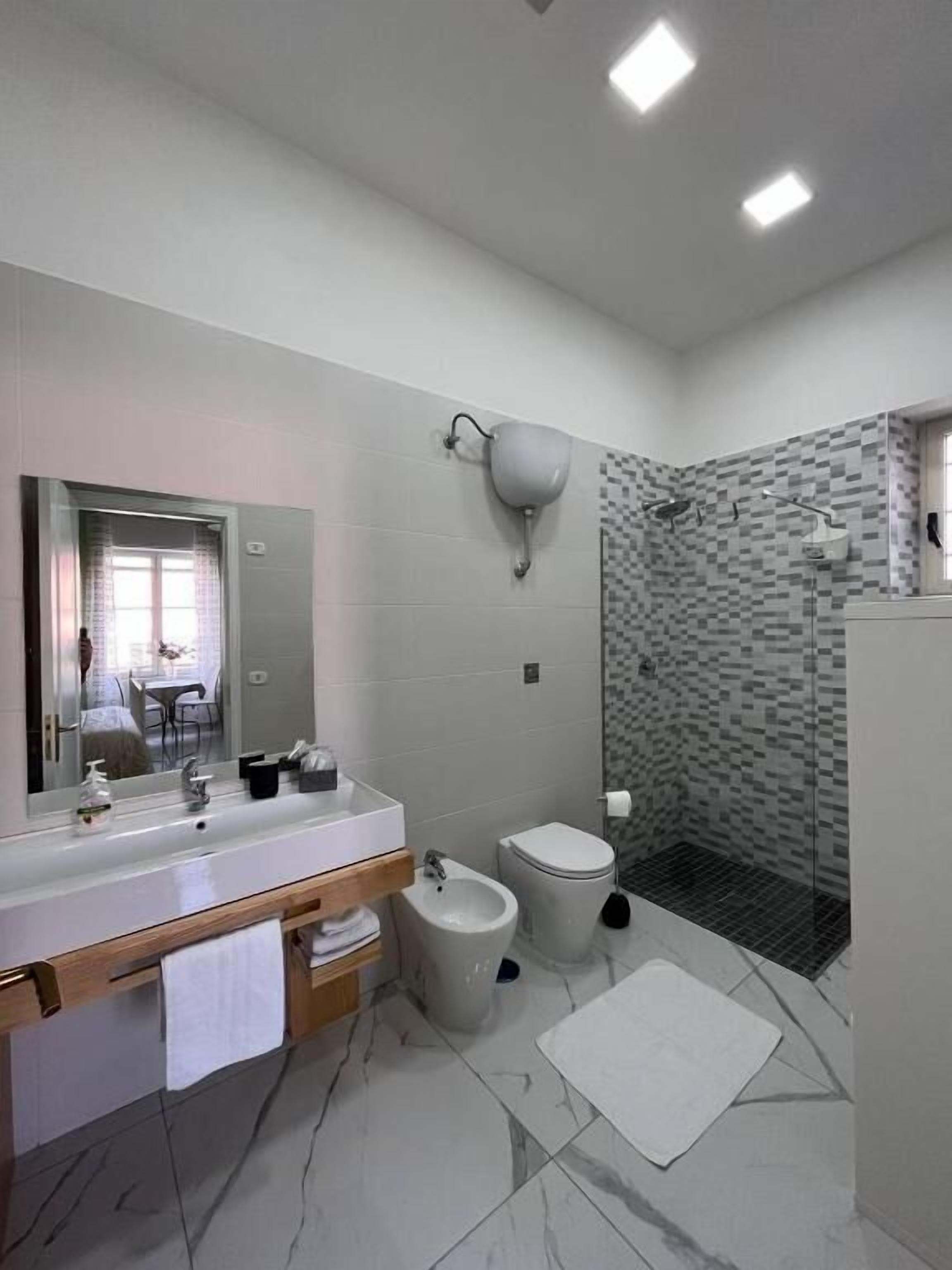 Un bagno moderno con uno specchio grande, un lavandino con dispenser di sapone, un bidet e una doccia con rivestimento piastrellato.