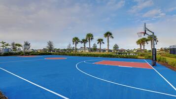 An outdoor basketball court with a blue surface, white boundary lines, and a red key area.