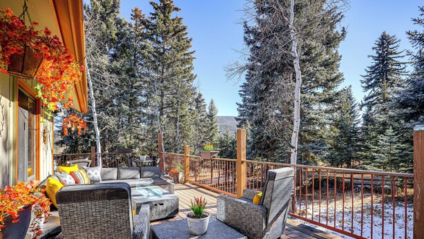 A deck with wicker furniture, potted plants, and a view of snow-covered trees. - Hike, Bike & Ski: Evergreen Home w/ Game Room! (Evergreen)