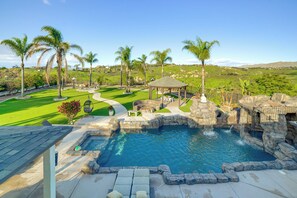 A backyard with a swimming pool, palm trees, and a patio area. - Expansive Riverside Mansion! Luxe, Family Friendly (Riverside)