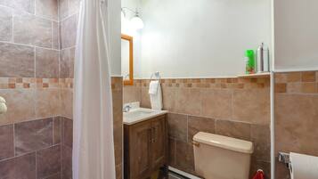 Une salle de bain équipée d’une douche, d’un lavabo, de toilettes et d’un miroir.