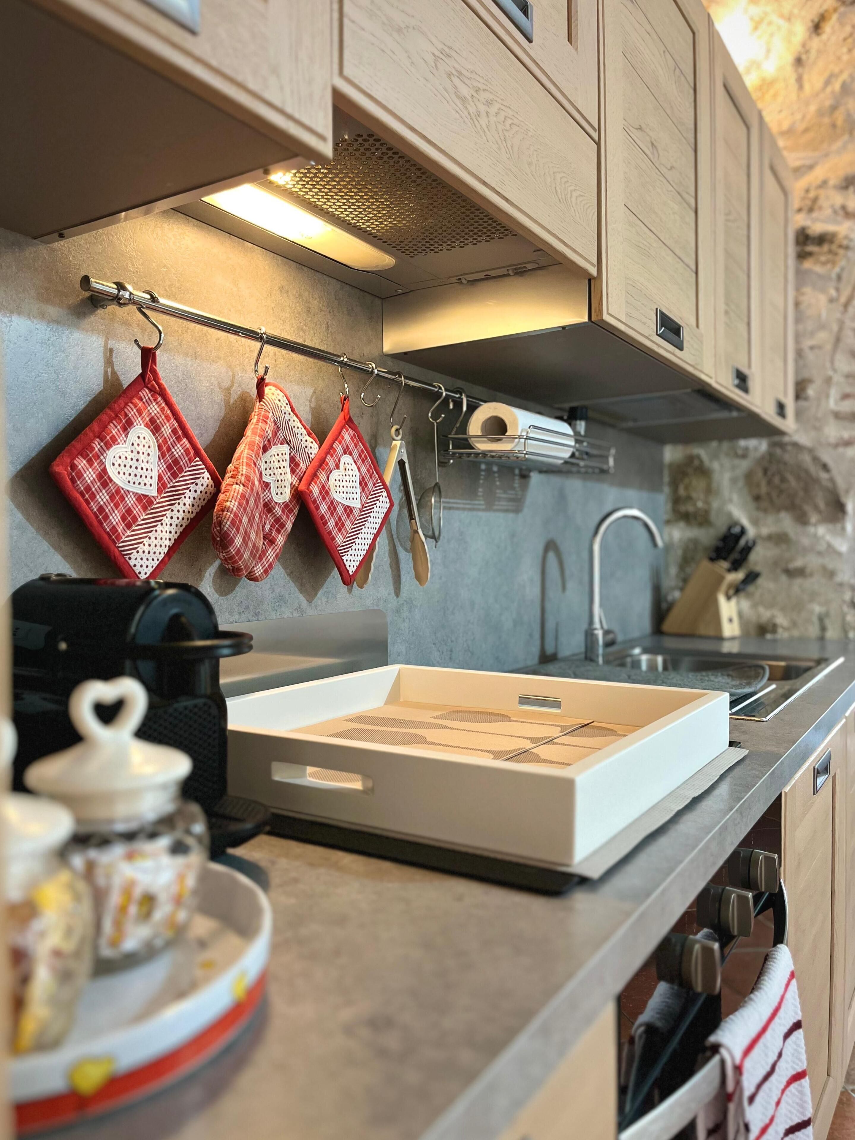 A modern kitchen with a built-in oven, a stainless steel sink, and wooden cabinets.