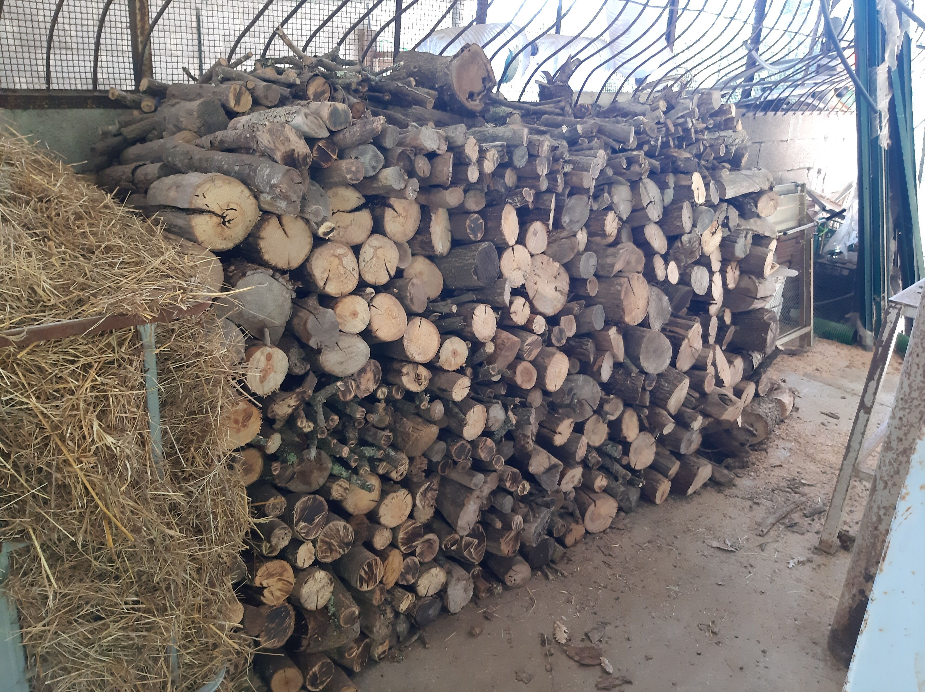 A stack of firewood and hay in a covered outdoor area.
