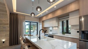 Une cuisine moderne dotée d’un grand îlot central, d’appareils électroménagers en acier inoxydable et offrant une vue sur l’extérieur.