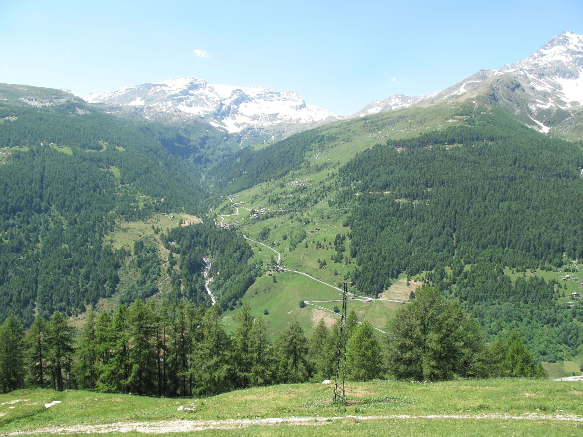 Paesaggio montuoso con una valle, fitti boschi e cielo sereno.