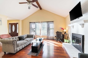 Smart TV, chimenea, oficina