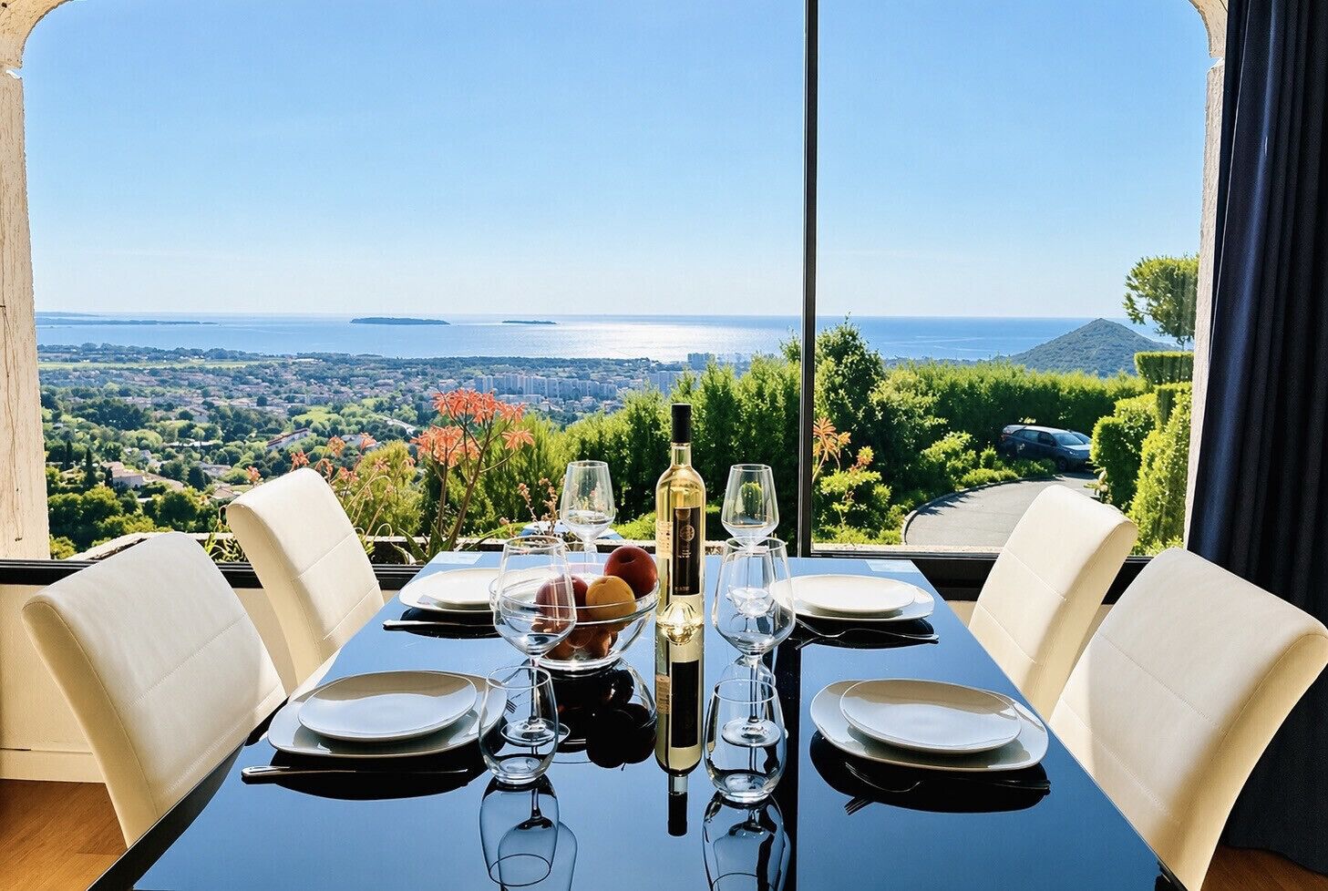 A dining table set for four with a view of the sea and greenery.