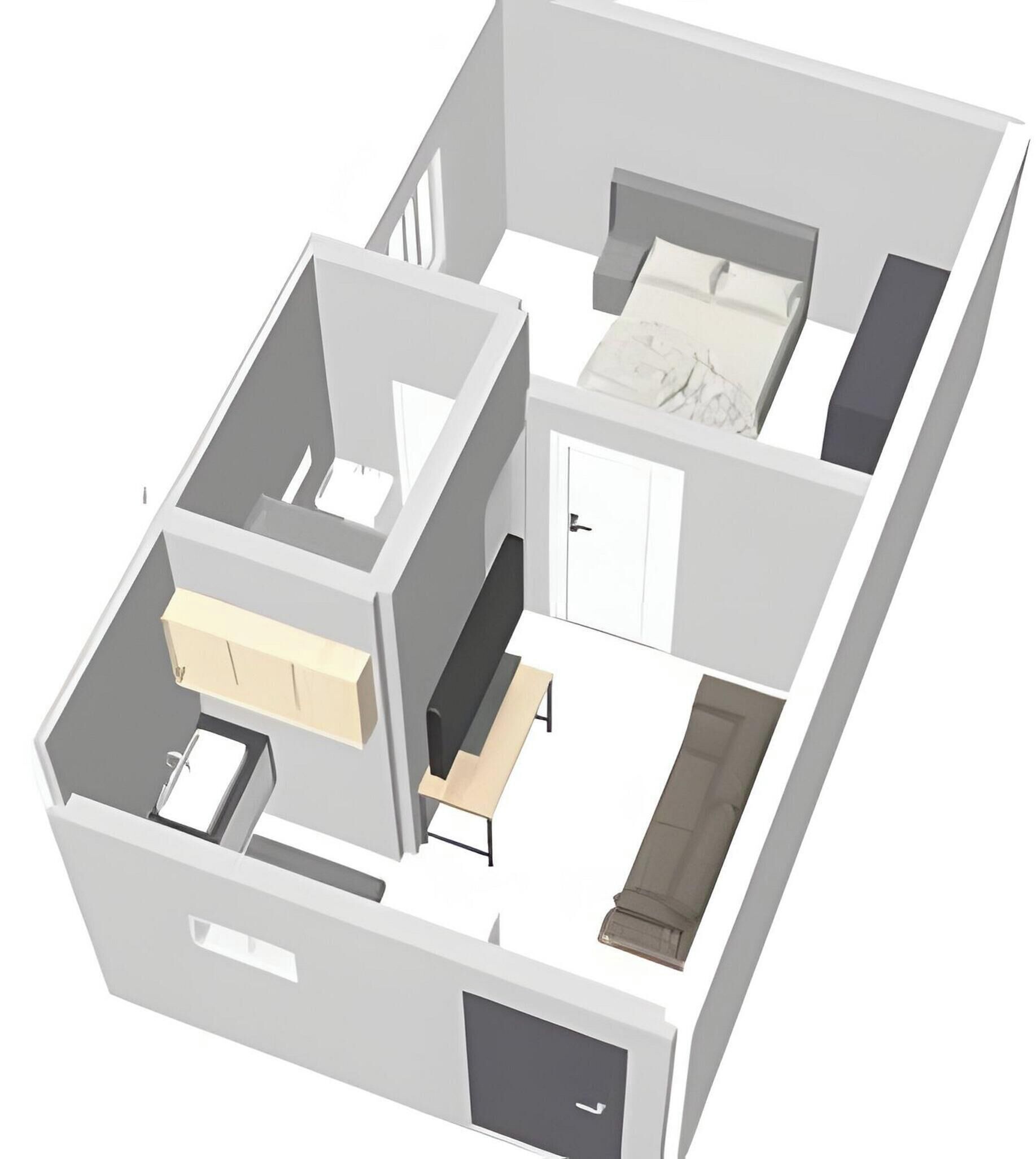 Ein 3D-Grundriss einer modernen Wohnung mit Wohnzimmer, Küche, zwei Schlafzimmern und einem Badezimmer.