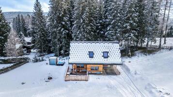 A cabin with a snow-covered roof, surrounded by tall evergreen trees.