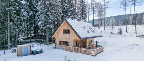 Une cabane en bois avec un toit en pente, une véranda et un petit abri de jardin, située dans une forêt enneigée.