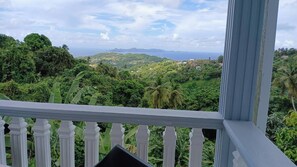 A balcony with a white balustrade overlooking a lush green landscape with hills and a distant view of the sea. - Sea View Guest House Apt (Belmont)