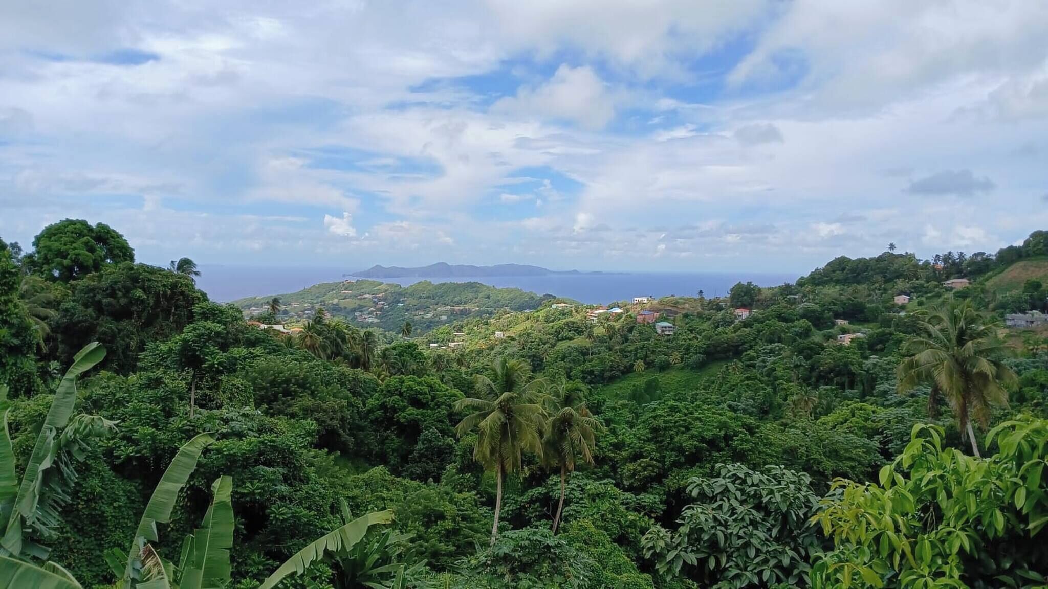 A lush, green landscape with dense vegetation and scattered buildings.