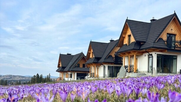 Une rangée de maisons en bois, avec un champ de fleurs violettes au premier plan.