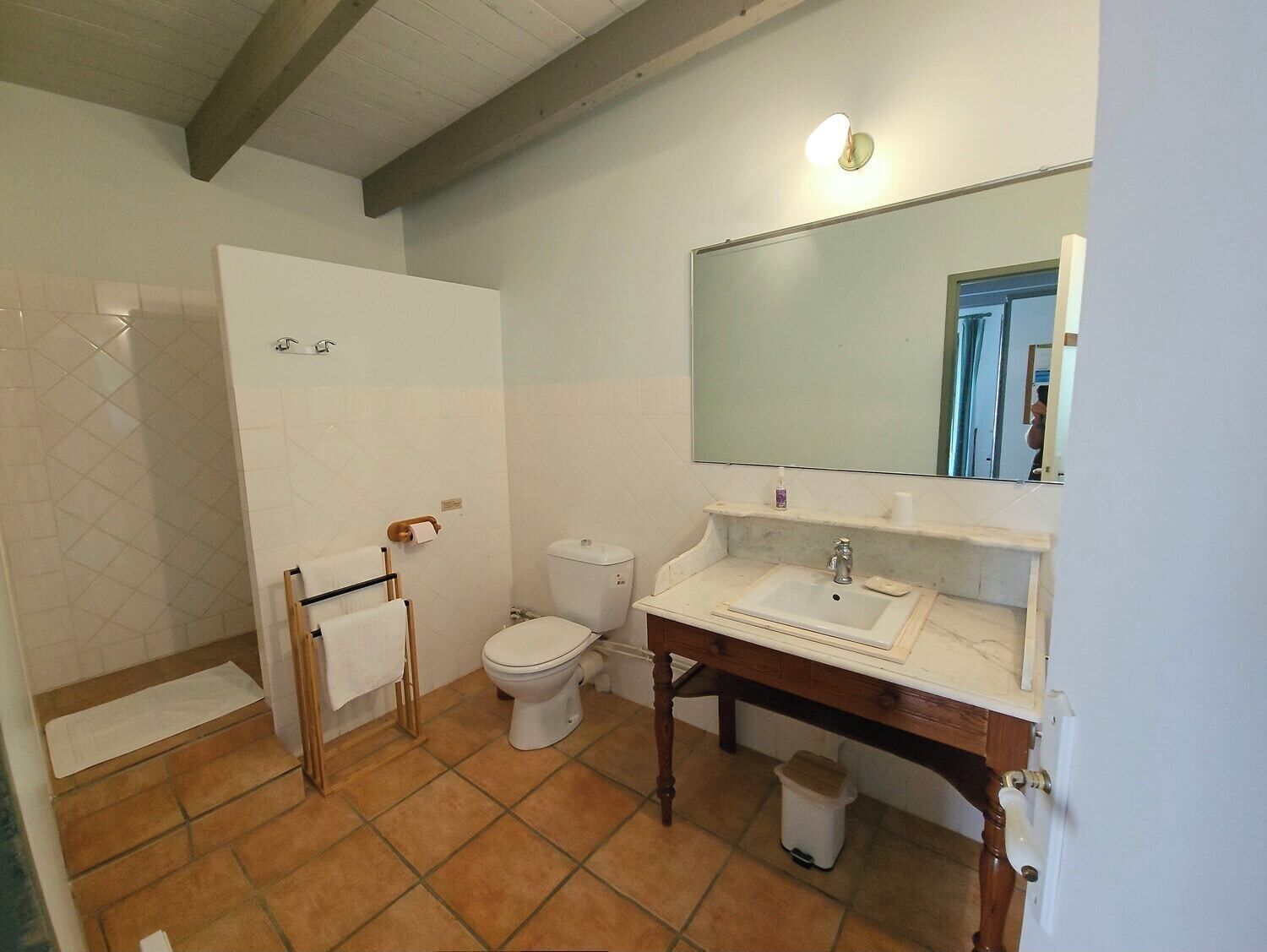 A bathroom with a toilet, sink, and mirror.