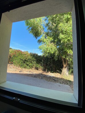 A window view of a garden with a tree, shrubs, and a clear blue sky. - Modern, single-level studio in La Valette-du-Var with parking and a small garden   (La Valette-du-Var)