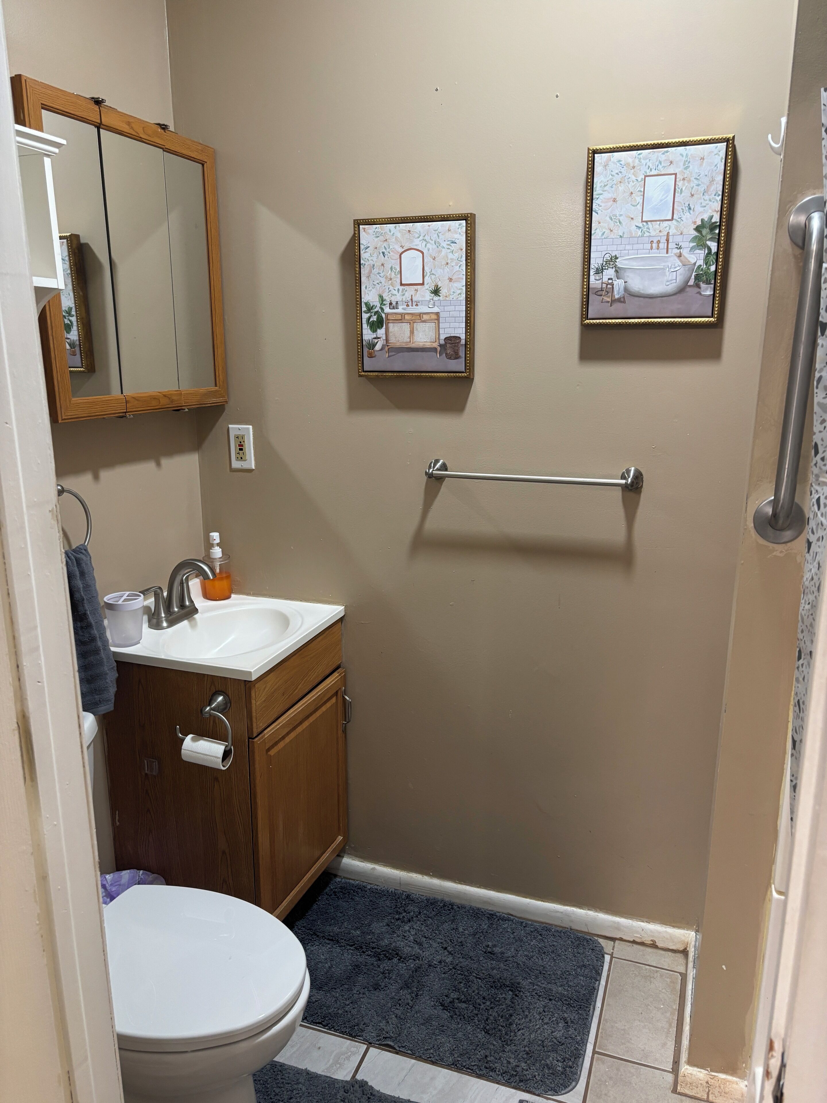 Hair dryer, towels, soap, toilet paper