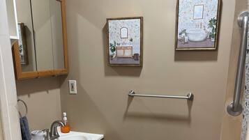 Hair dryer, towels, soap, toilet paper