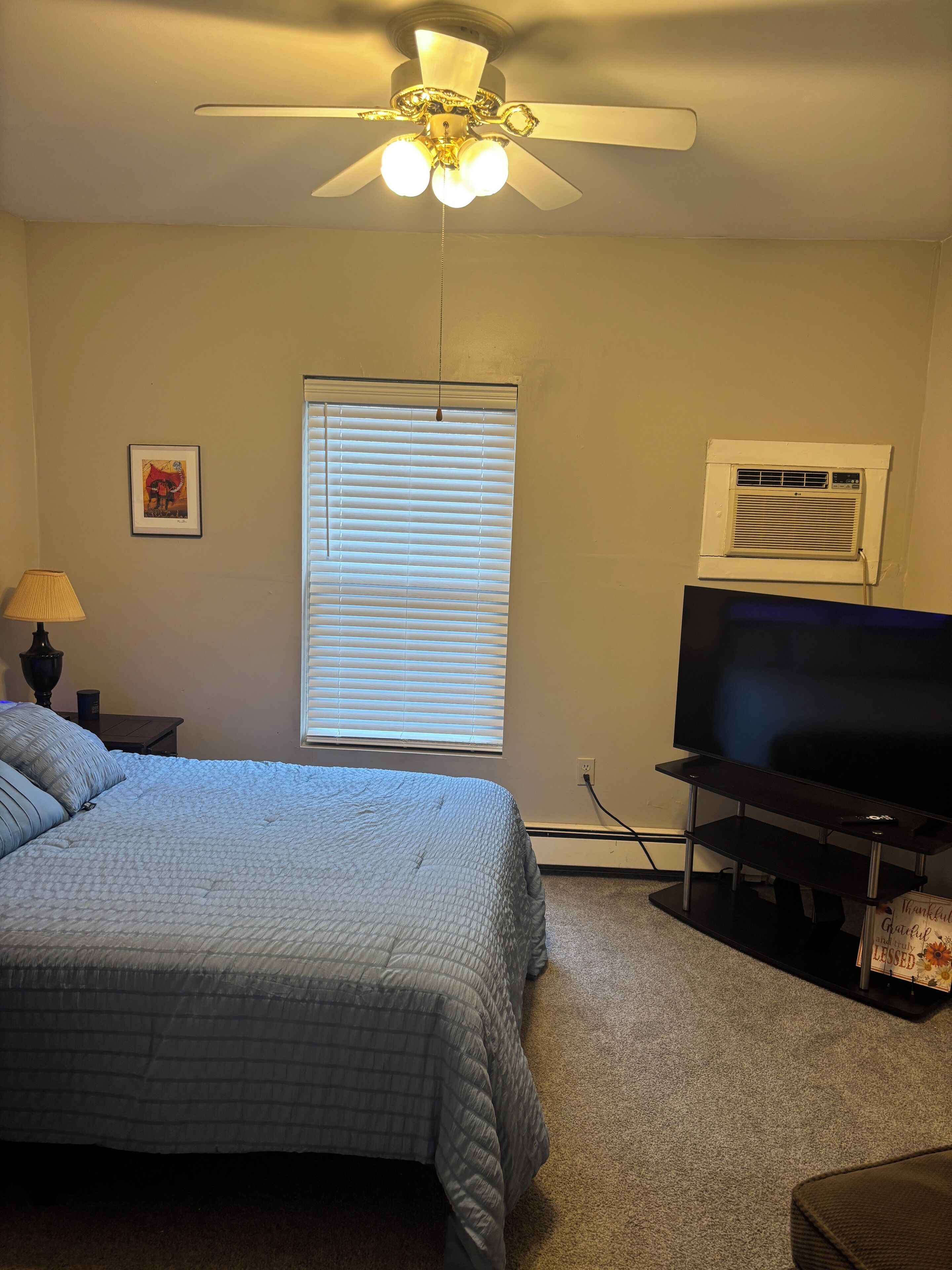 A bedroom with a bed, a ceiling fan, a TV, and a window with blinds.