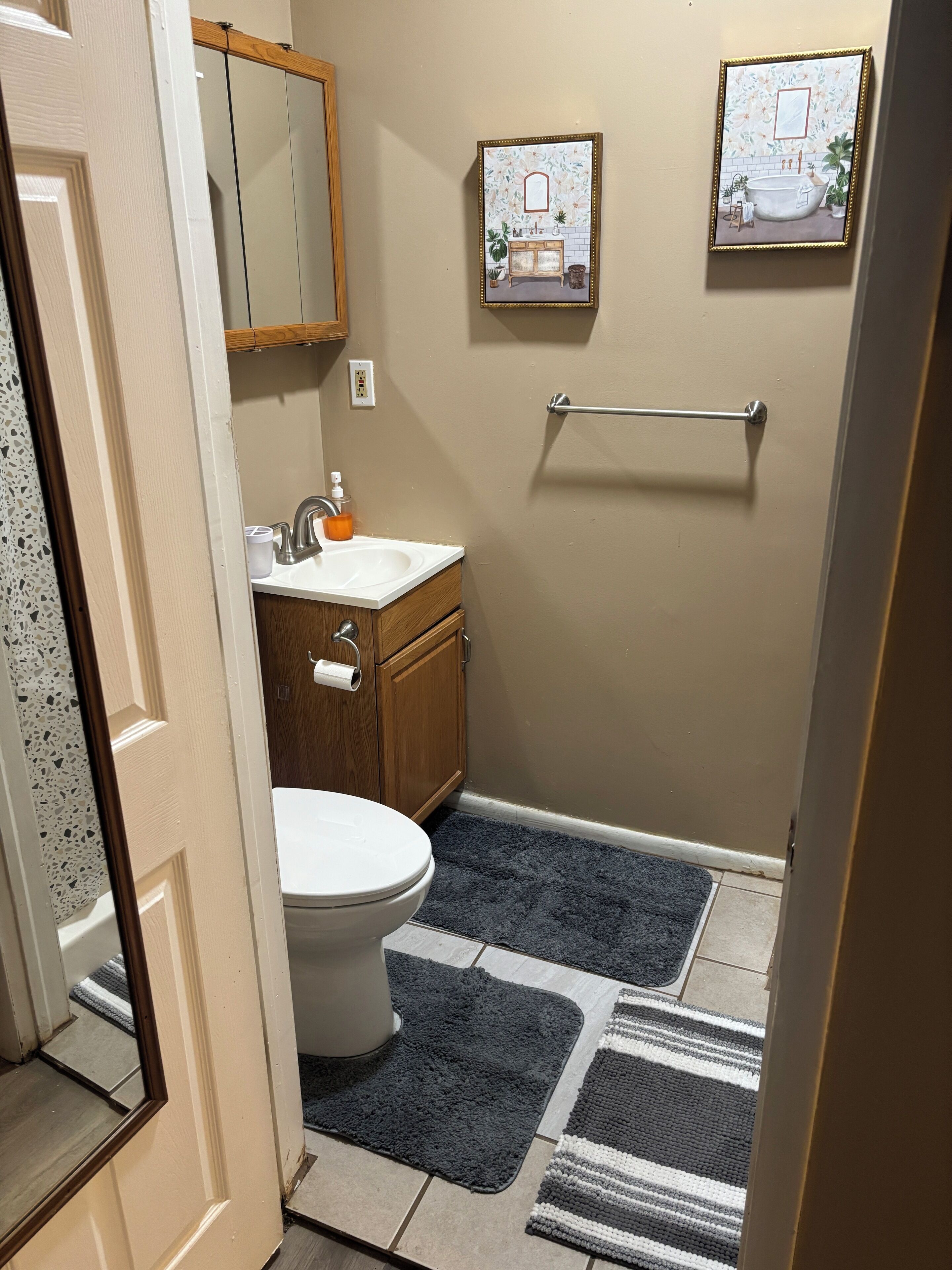 Hair dryer, towels, soap, toilet paper