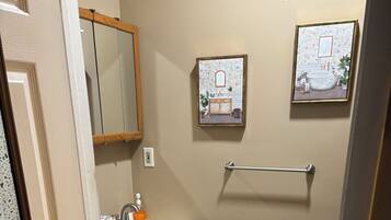 Hair dryer, towels, soap, toilet paper