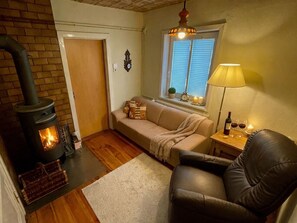 Smart TV, fireplace, DVD player, books