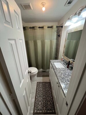 A bathroom with a toilet, sink, shower, and a patterned rug. - Econo Comfort near TCU & Downtown (Fort Worth)