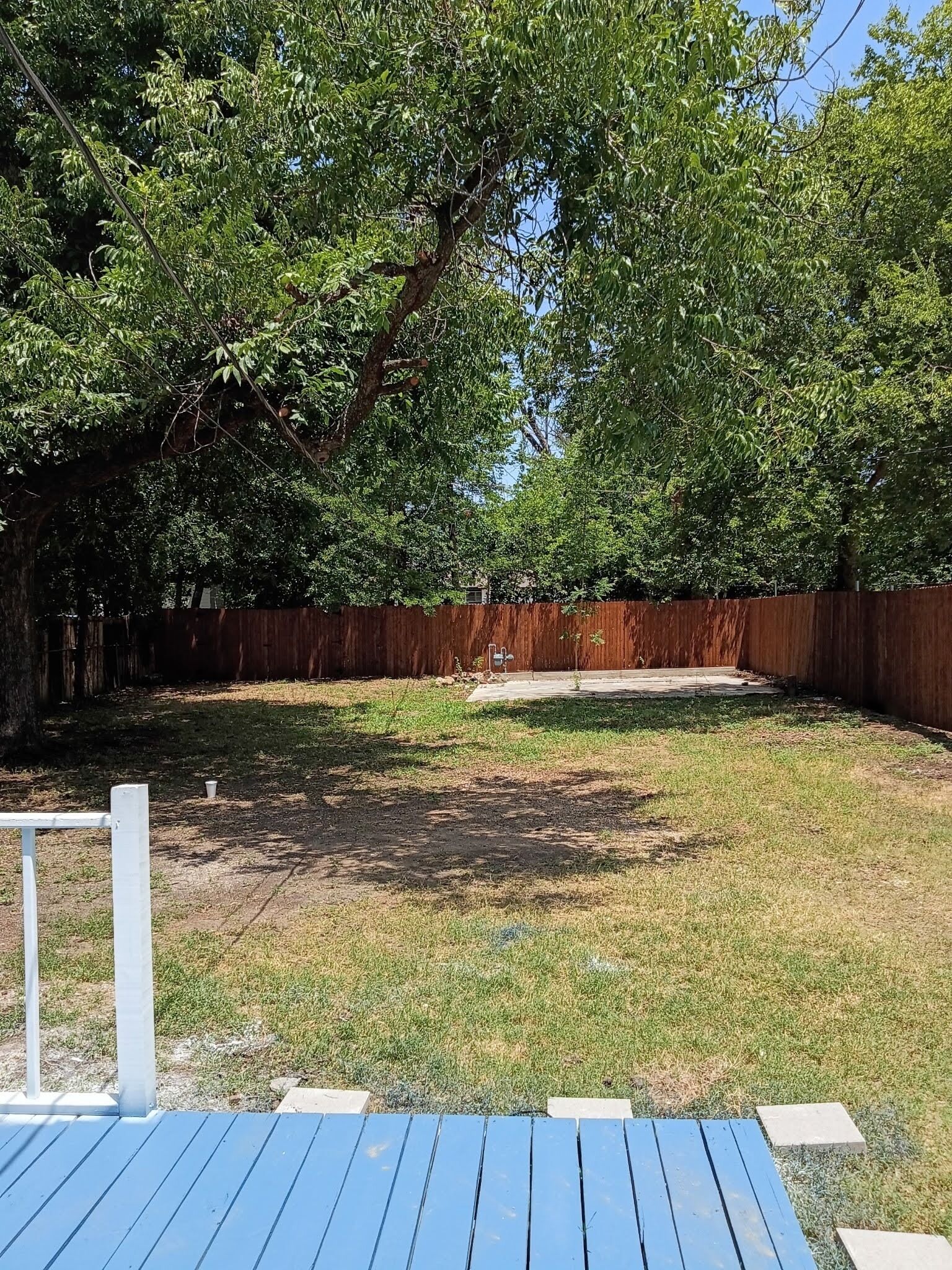 An outdoor area with a wooden deck, a fenced yard, and a tree providing shade.