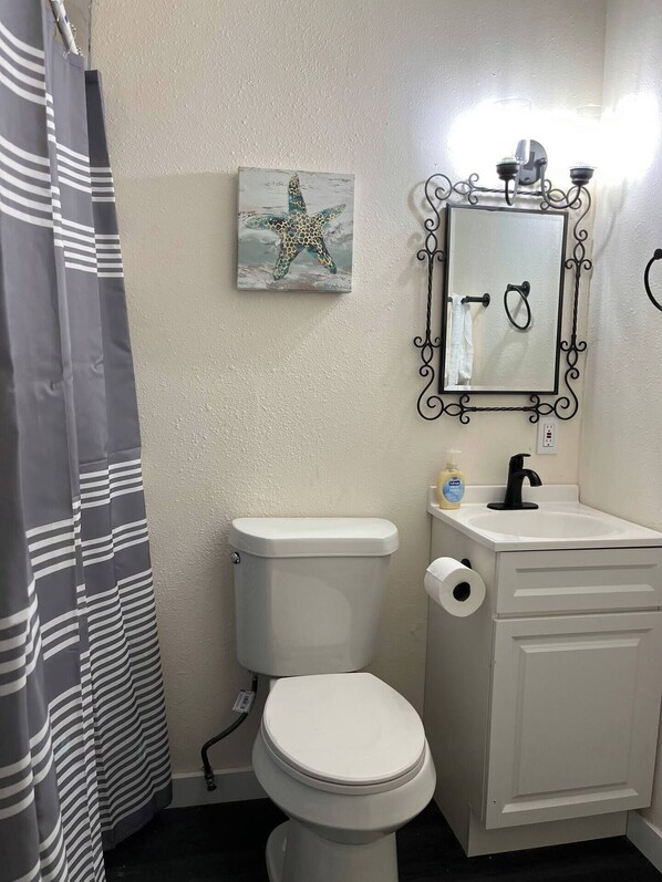 A bathroom with a toilet, a sink, a mirror with a decorative frame, a shower curtain, and a wall-mounted light fixture. - Comfortable & Modern Home near TCU-Downtown-Shops (Fort Worth)