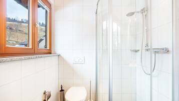 Une salle de bain avec des toilettes, une douche et une fenêtre.