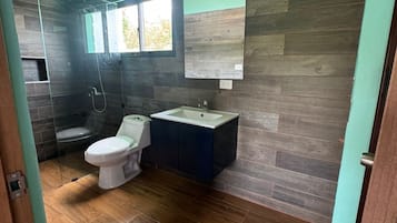 Regadera, toallas, jabón, papel de baño