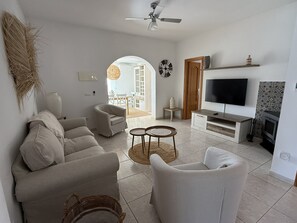 Älytelevisio, takka, kirjoja